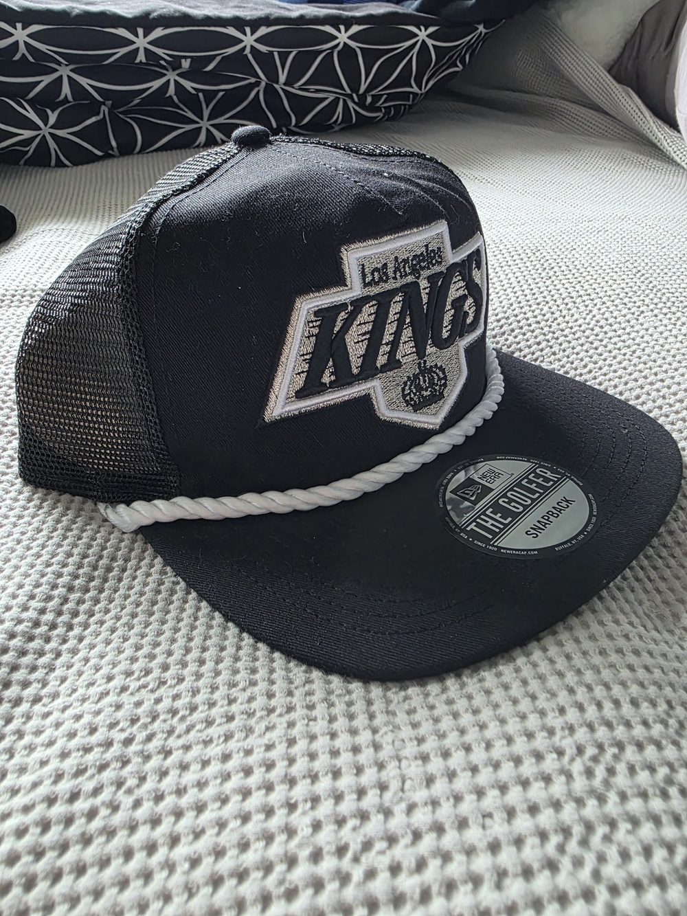 New Era Los Angeles Kings Black and White Rope-Trim Trucker Snapback